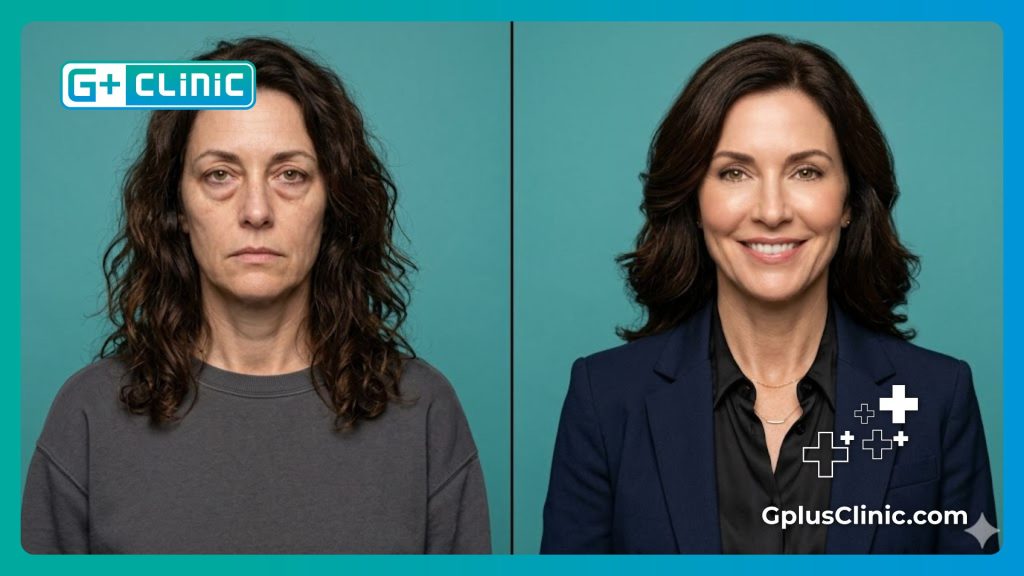 Comparaison avant et après rajeunissement de la zone sous les yeux