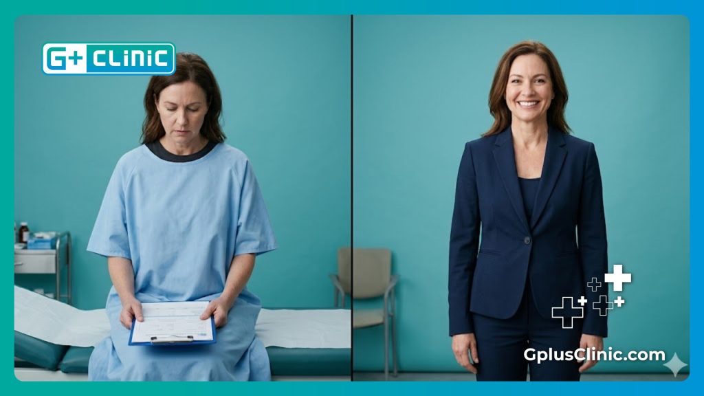 Visualización antes y después de una paciente, mostrando un viaje médico seguro y confiable.