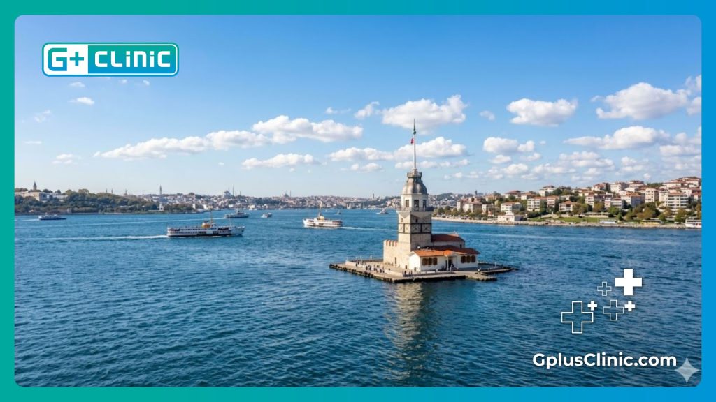 Fotografía realista del estrecho del Bósforo y la Torre de la Doncella en Estambul.