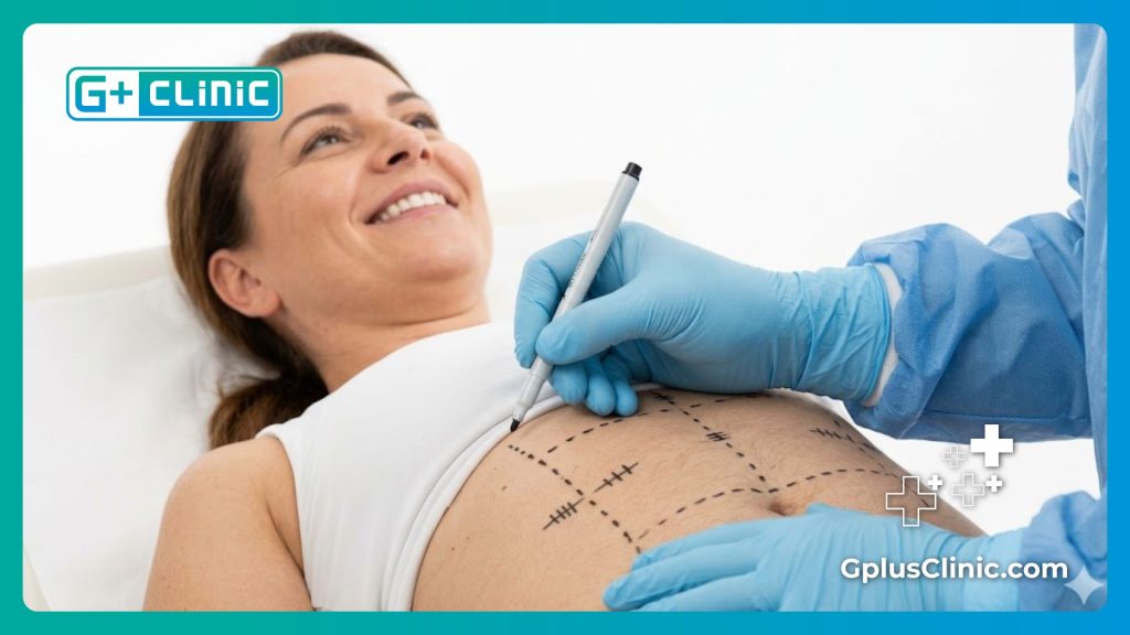 Careful surgical marking on the stomach area emphasizing flawless results.