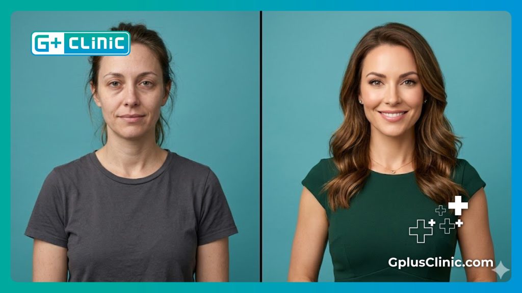 Digital split-screen simulation highlighting facial anatomy and skin texture improvement zones.