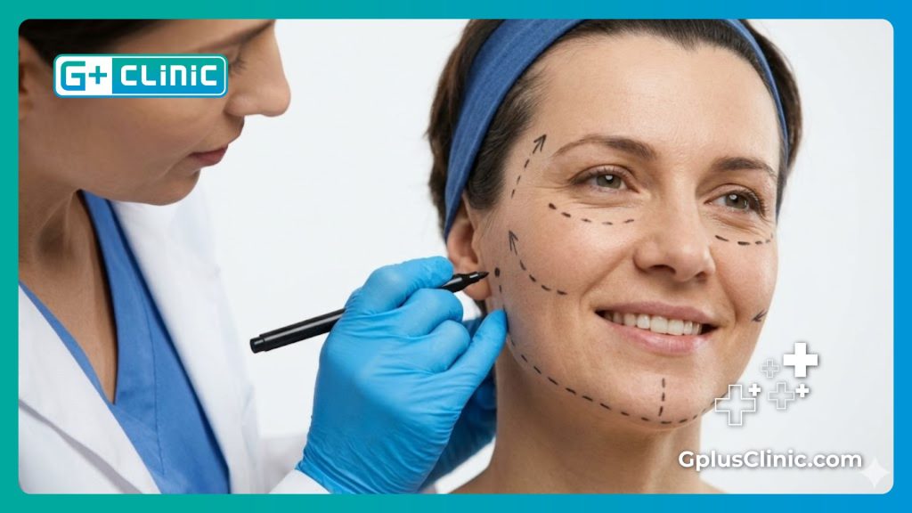 Close-up of medical professional marking precise guidelines on patient's skin for a non-invasive procedure.