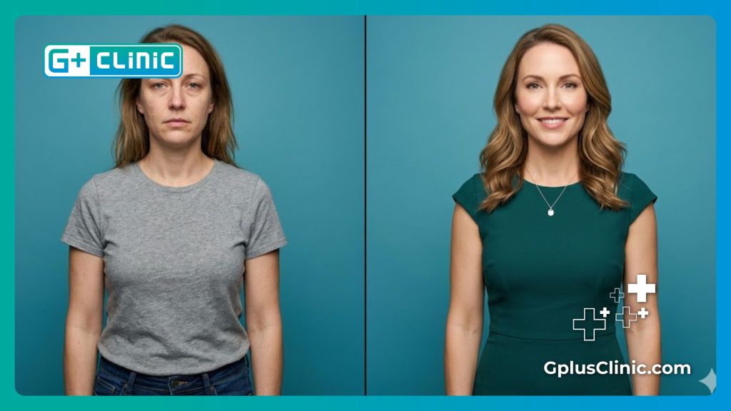 Split-screen comparison showing glowing skin after cosmetic treatments