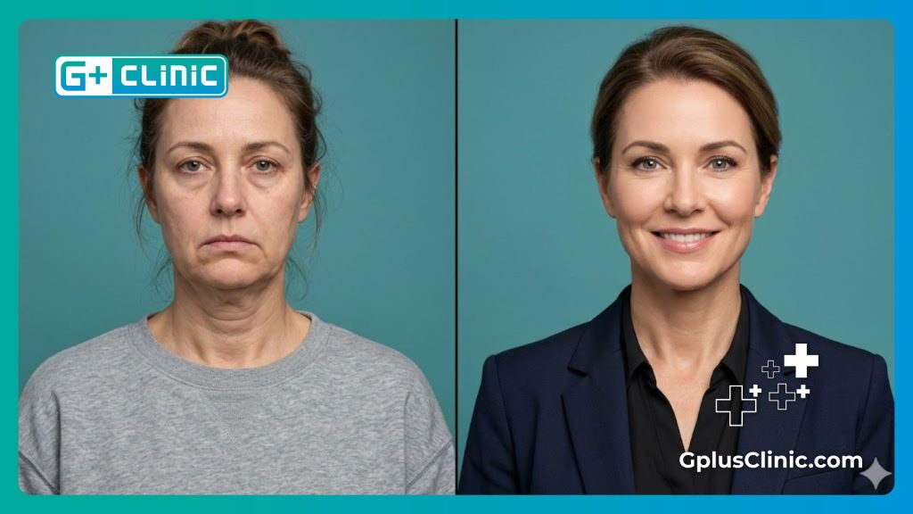 Split screen digital mesh analysis showing successful neck skin restoration results.