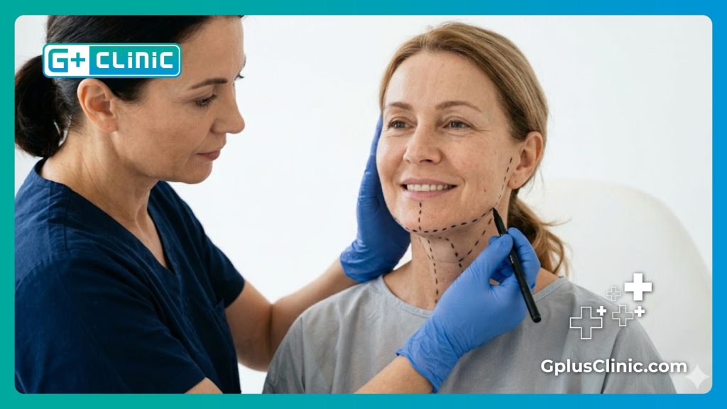 Medical close up of precision skin preparation markings on a patient's face.