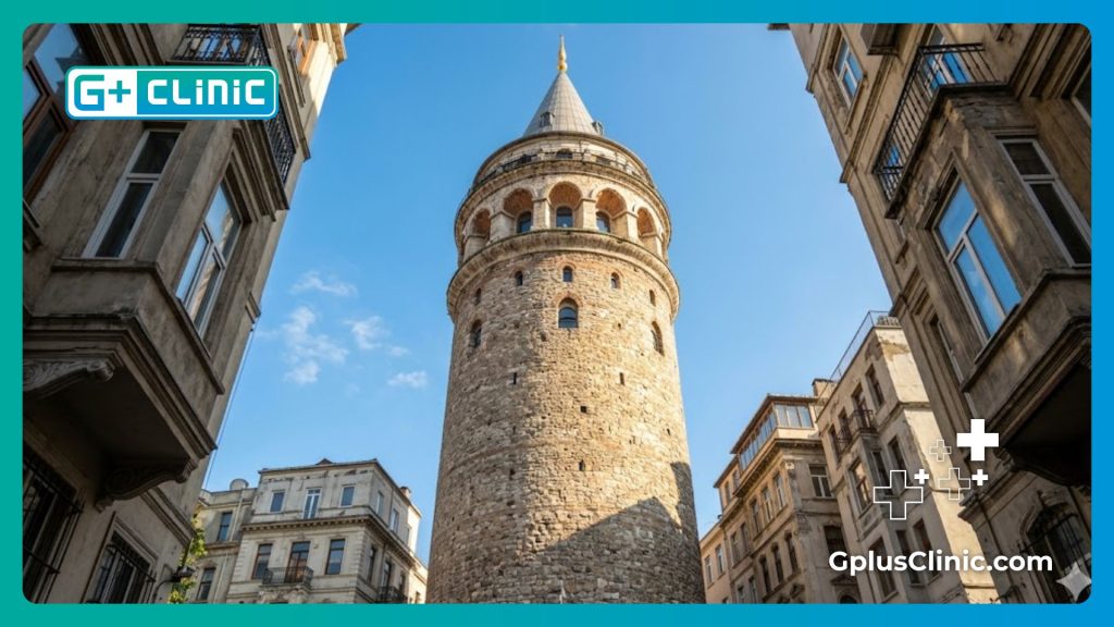 Professional doctor standing outside with the historic Galata Tower landmark in Istanbul.
