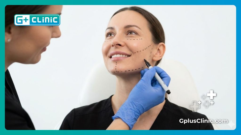 Plastic surgeon drawing precise surgical markings on a patient before an aesthetic procedure.