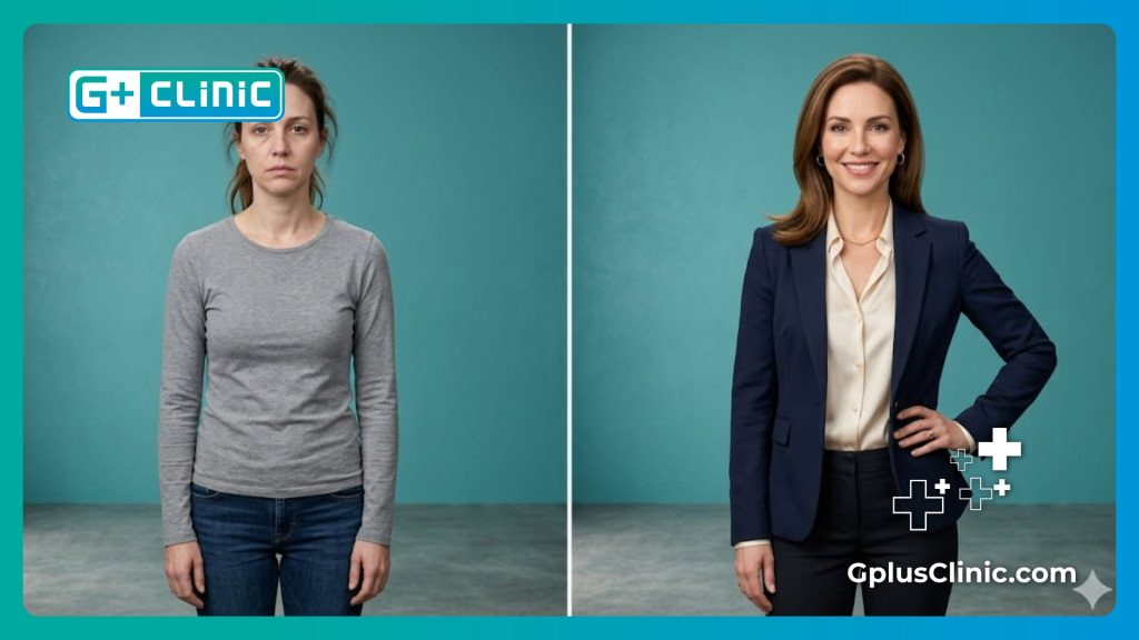 Imagen de pantalla dividida que muestra a la paciente antes y después de su procedimiento estético.