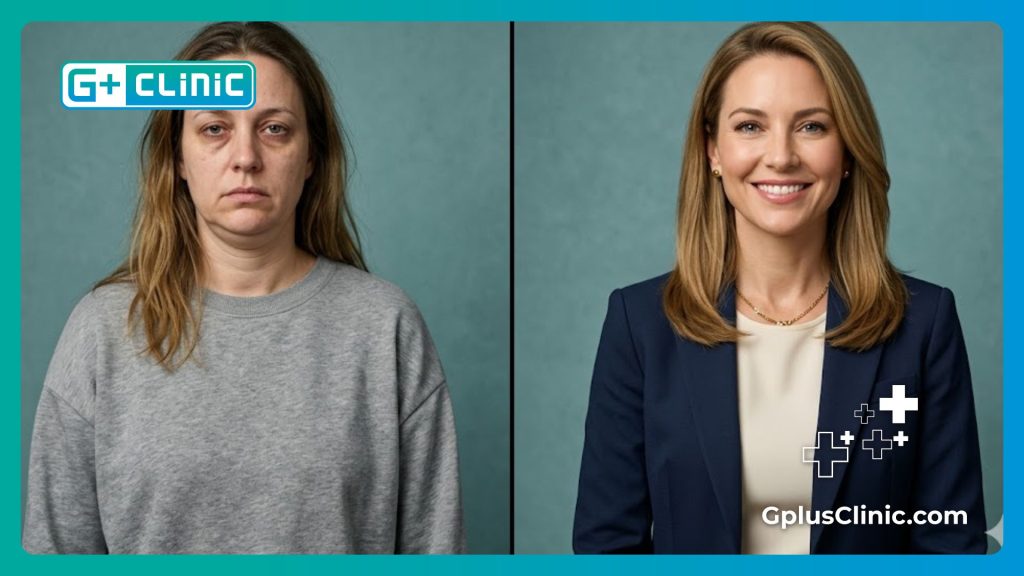 Split screen showing safe and successful jawline contouring transformation