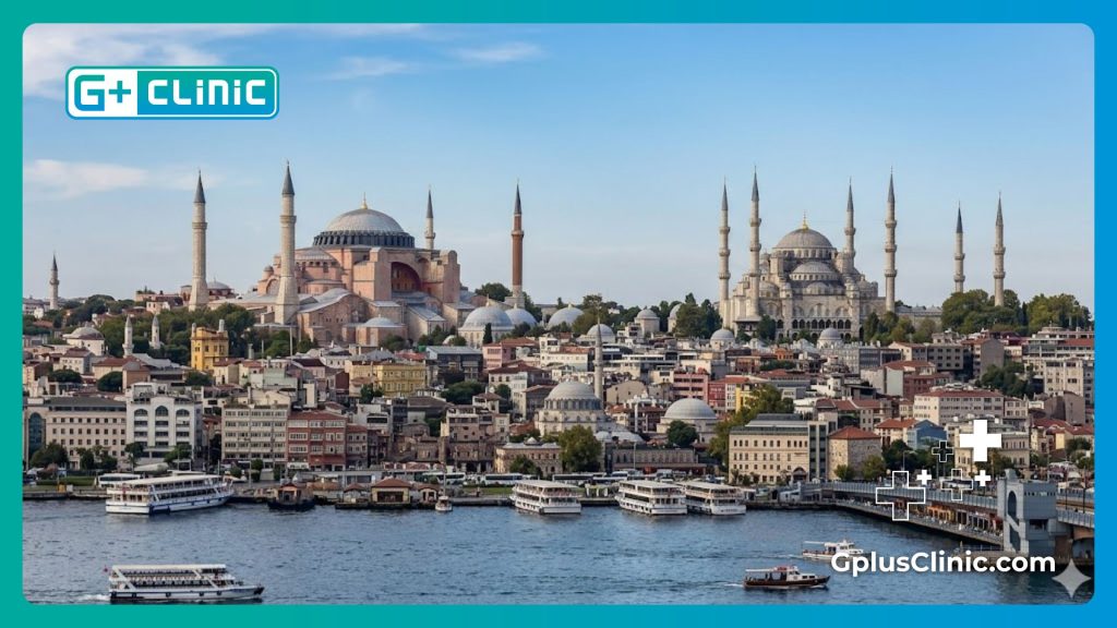 Vista panorámica de Santa Sofía y la Mezquita Azul en el horizonte de Estambul.