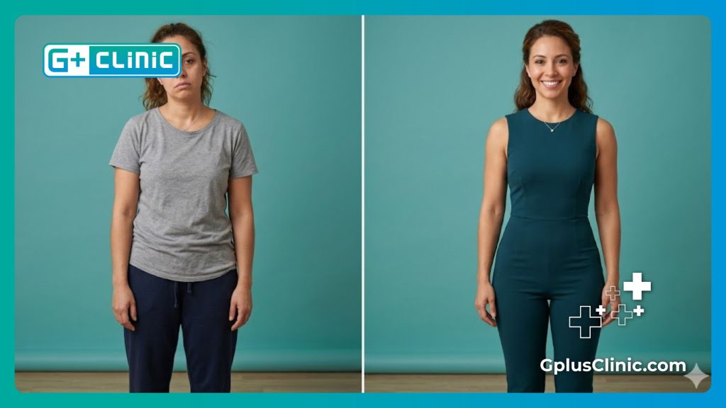 Split screen showcasing a safe and successful fat transfer transformation