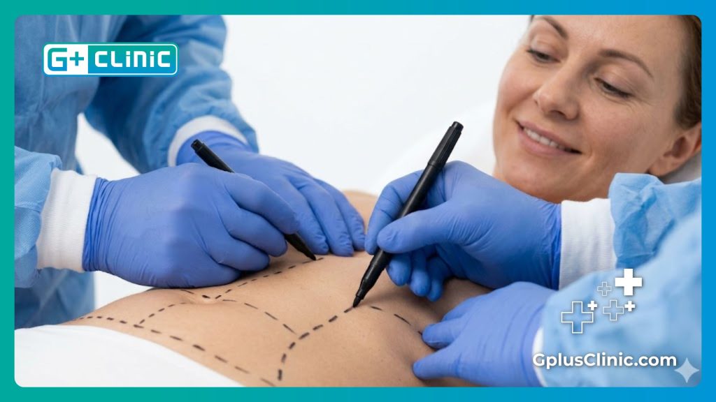 Marquage chirurgical précis sur l'abdomen pour un résultat parfait et sans danger.