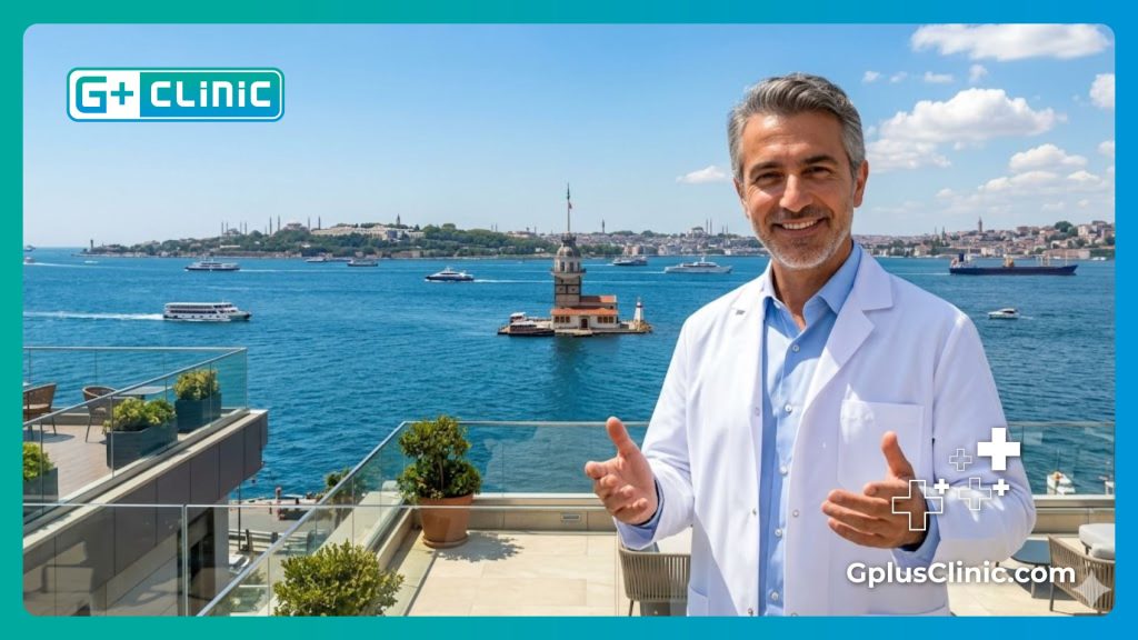 Chirurgien accueillant et souriant avec la Tour de Léandre à Istanbul en arrière-plan