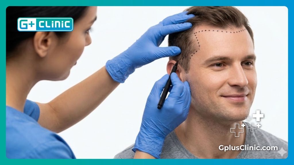 Marquages chirurgicaux précis sur le cuir chevelu du patient garantissant la perfection.