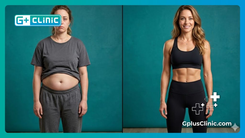 Split screen comparison showing safe and successful tummy tuck transformation