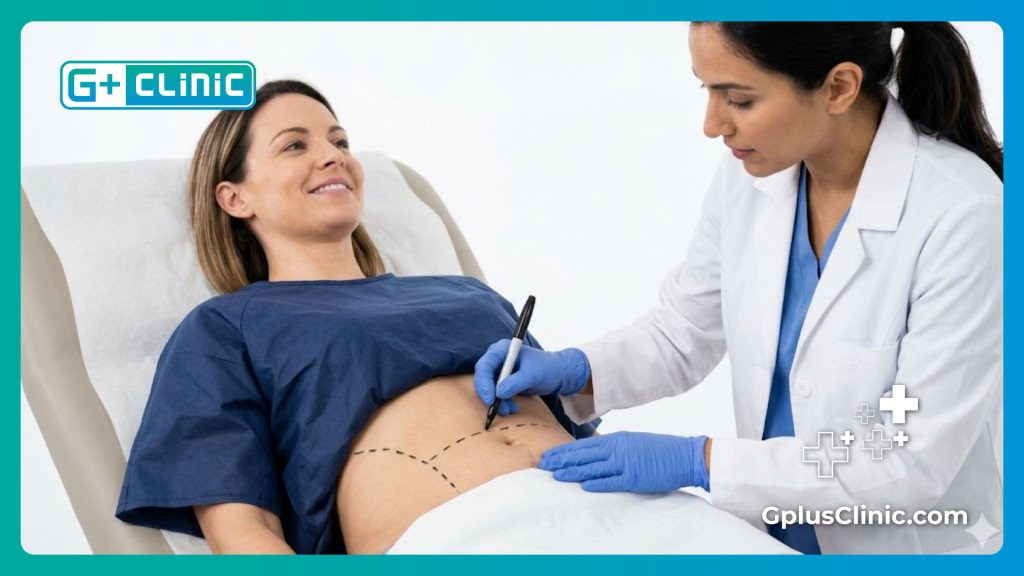 Surgeon carefully marking the abdomen for precise and safe abdominoplasty
