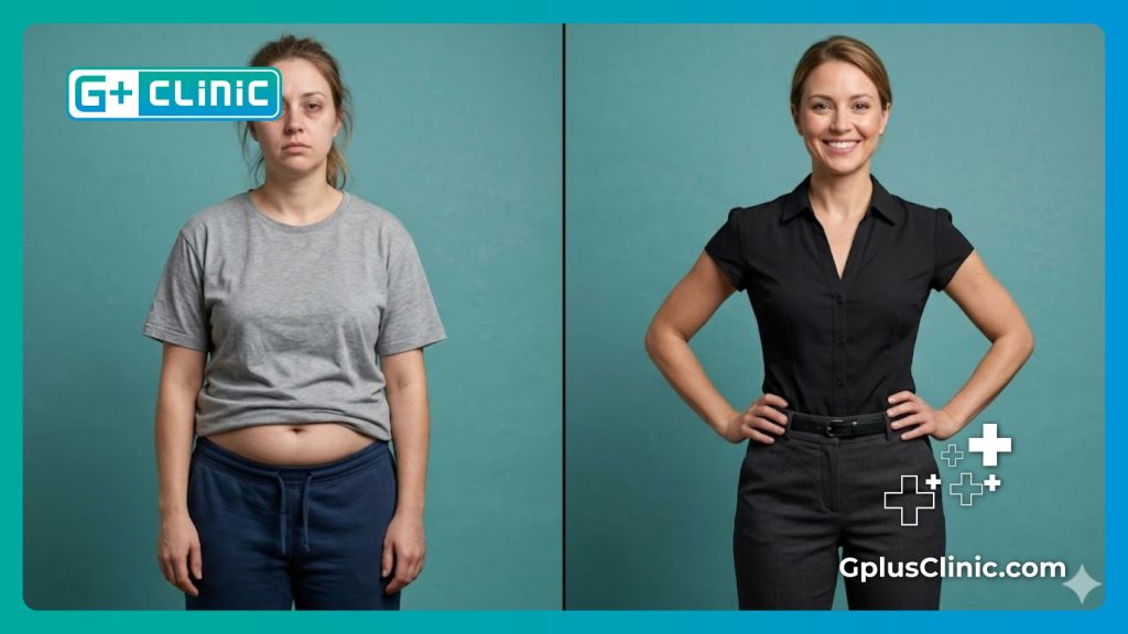 Split screen before and after body contouring results