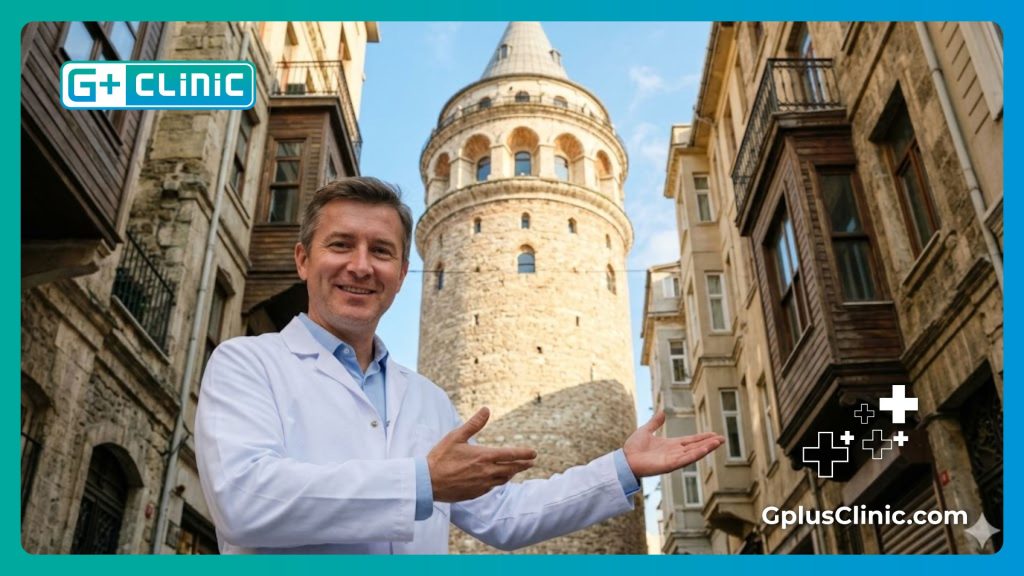 Doctor dando la bienvenida al paciente en Estambul frente a la Torre Galata