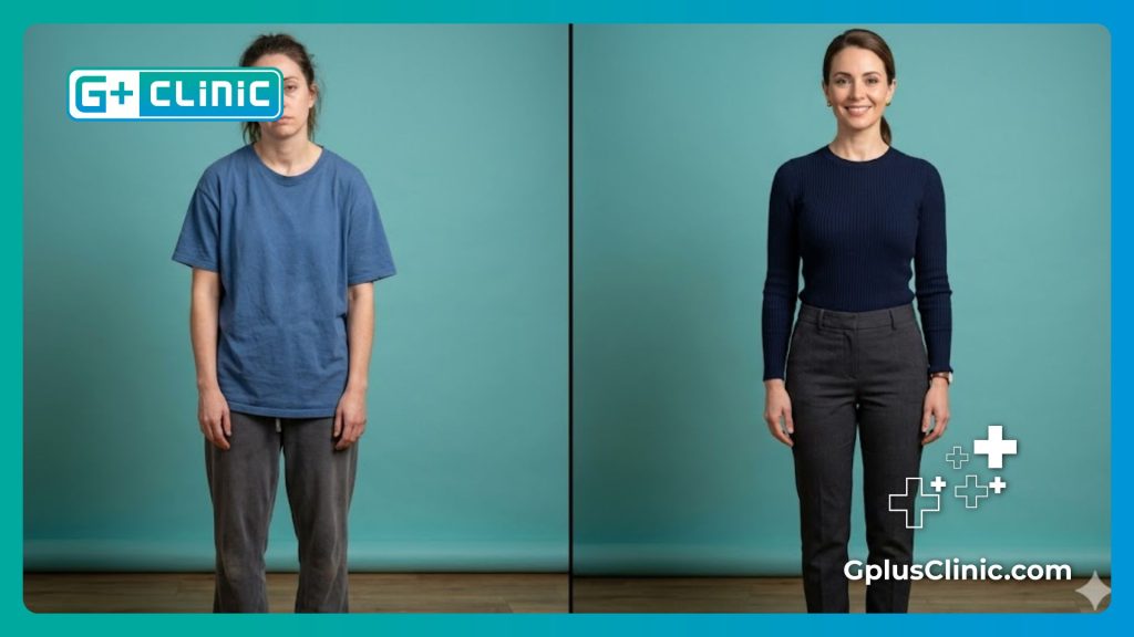 Split screen showcasing improved posture and silhouette after a safe procedure