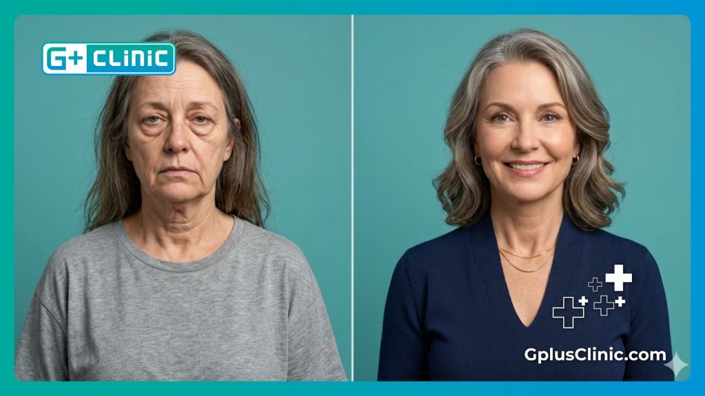Before and after comparison showing facial and neck contouring details.