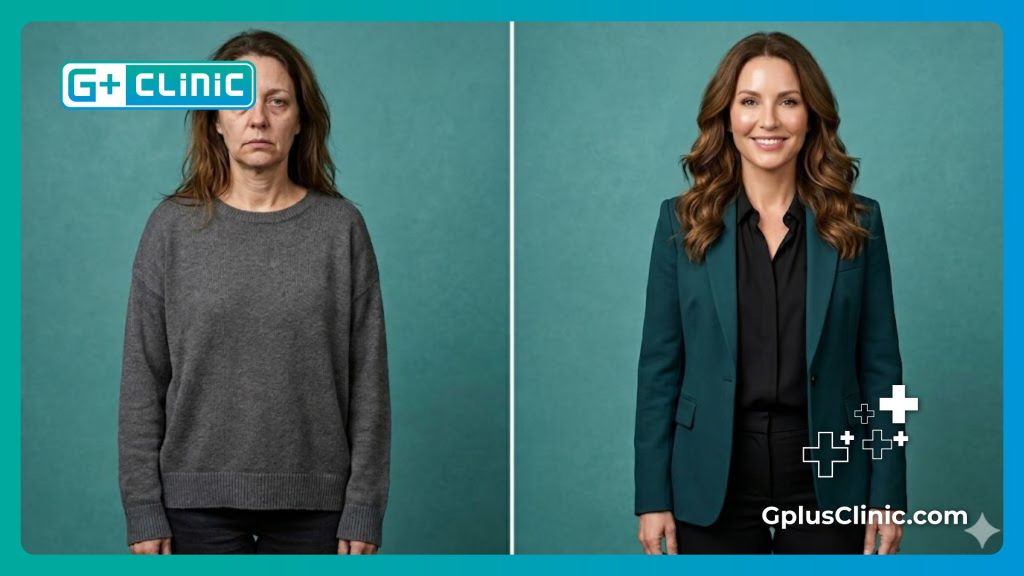 Avant et après illustrant la sécurité et l'efficacité d'un lifting facial