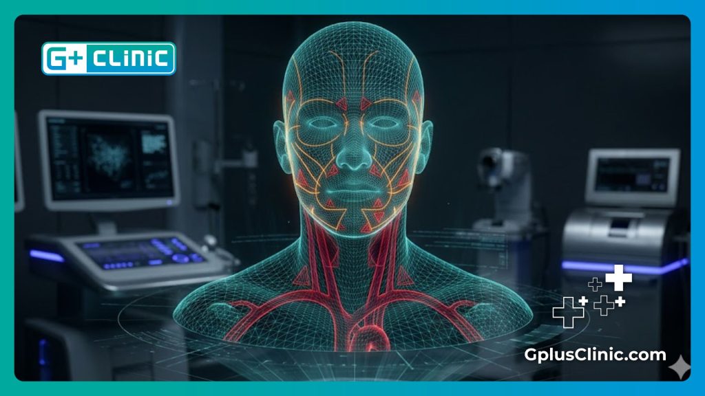 High-tech digital scan showing safe surgical zones for male aesthetics