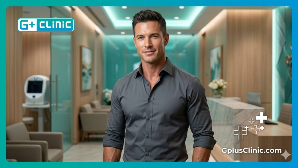 Confident man showing successful male plastic surgery results