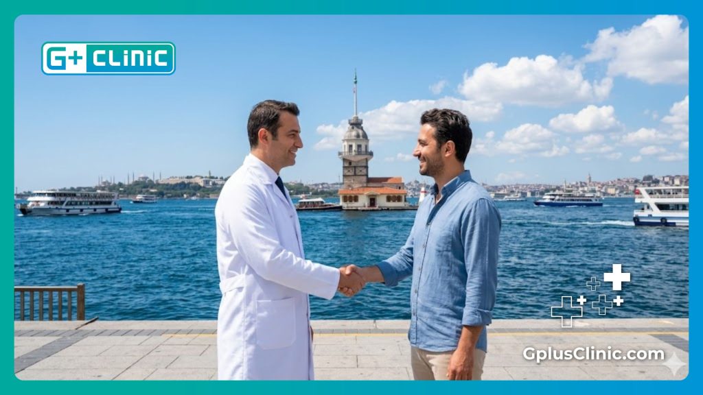 Doctor welcoming a male patient to Istanbul near the Bosphorus