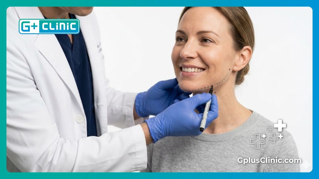 Marquage chirurgical précis sur le visage d'une patiente pour assurer la sécurité