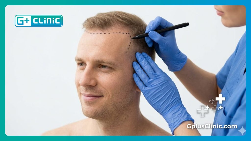 Traçage minutieux des lignes d'implantation sur le cuir chevelu du patient.