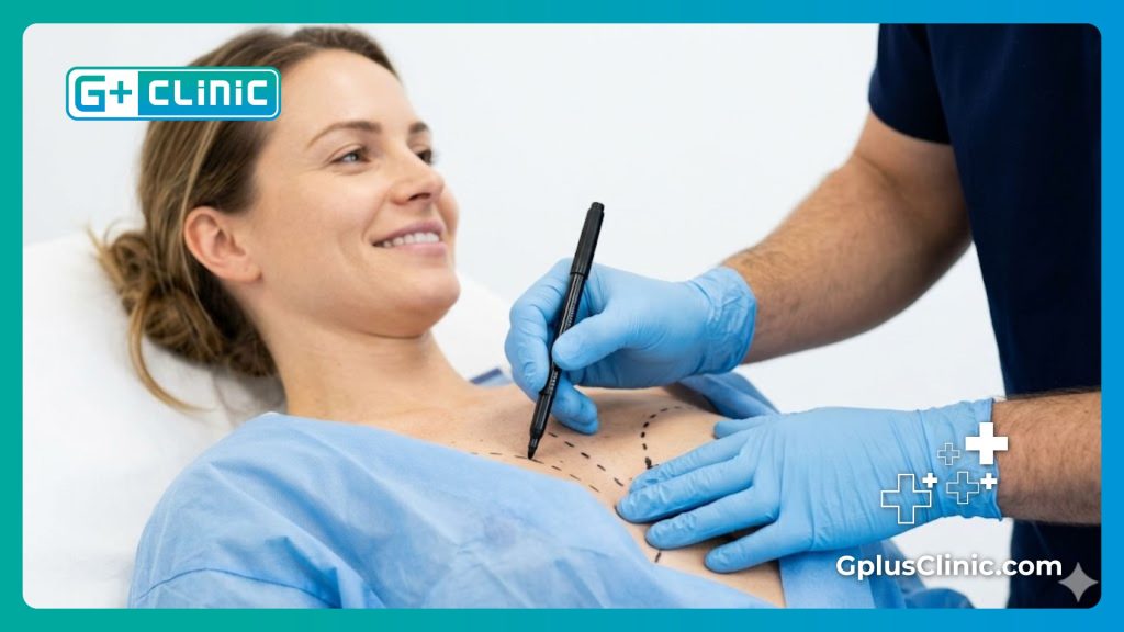 Surgeon carefully marking the chest area for perfect symmetry