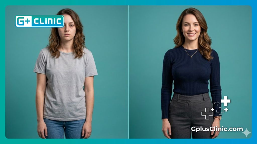 Split-screen comparison showing body contour transformation