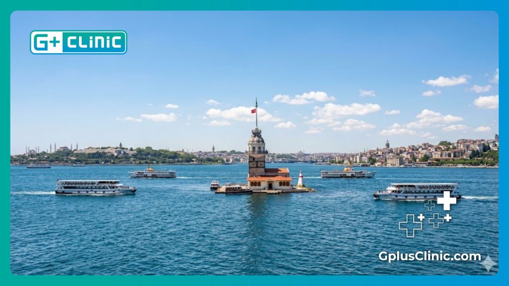 Un médecin accueillant un patient à Istanbul avec une vue magnifique sur le détroit du Bosphorus.