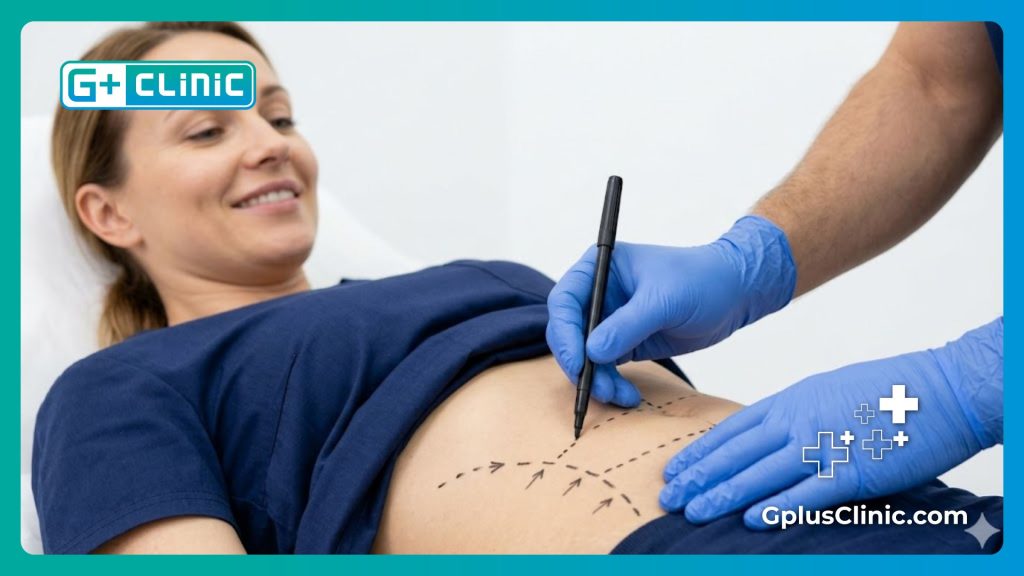 Close-up of surgical markings emphasizing a perfect abdominal result