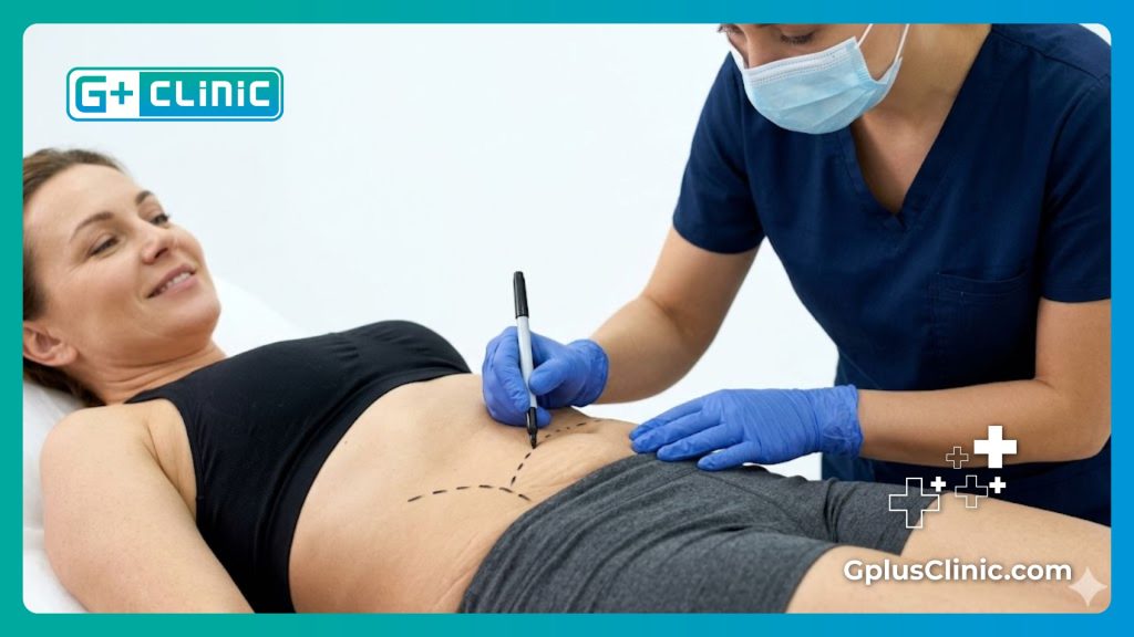 جراح تجميل يحدد مناطق الجسم بدقة قبل بدء الإجراء