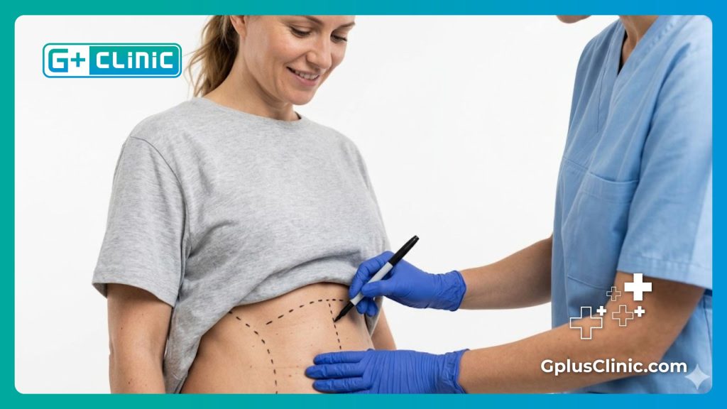 Gros plan de lignes directrices chirurgicales appliquées délicatement sur la zone abdominale d'un patient.