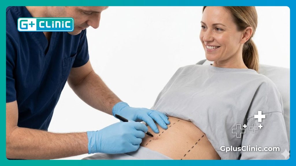 Gros plan sur les lignes de marquage chirurgical tracées sur la peau du patient avant l'intervention.