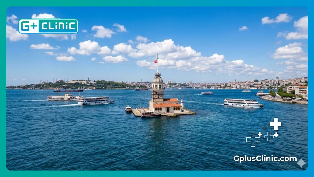Photographie touristique lumineuse du célèbre monument de la Tour de la Léandre à Istanbul.