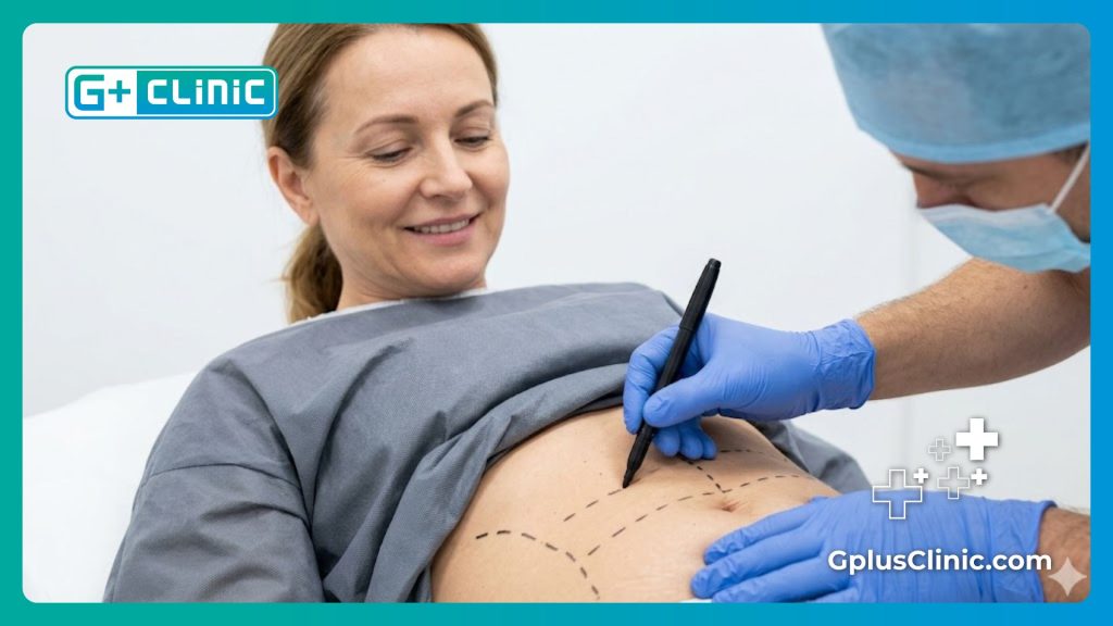 Doctor dibujando líneas de guía quirúrgica en el cuerpo del paciente
