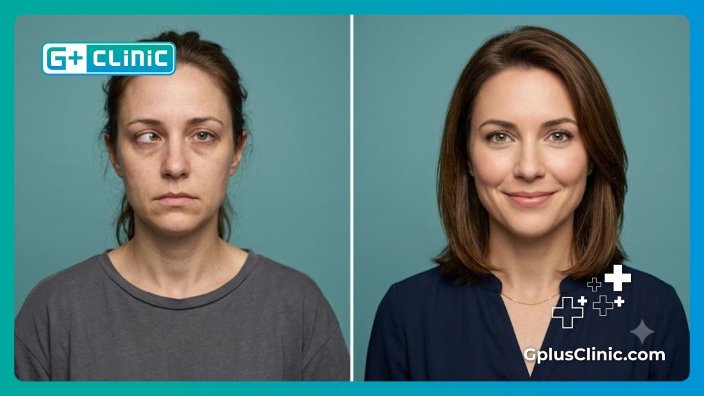 Split screen showing perfectly aligned eyes after successful treatment