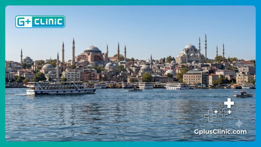 Welcoming eye specialist with the beautiful Istanbul skyline in the background