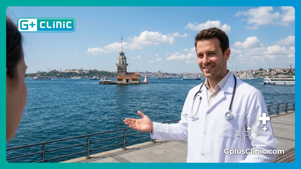 طبيب يرحب بالمرضى في اسطنبول لإجراء زراعة الشعر أمام مضيق البوسفور.