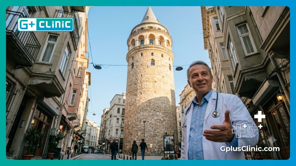Friendly plastic surgeon welcoming patients to the historic Galata Tower in Istanbul