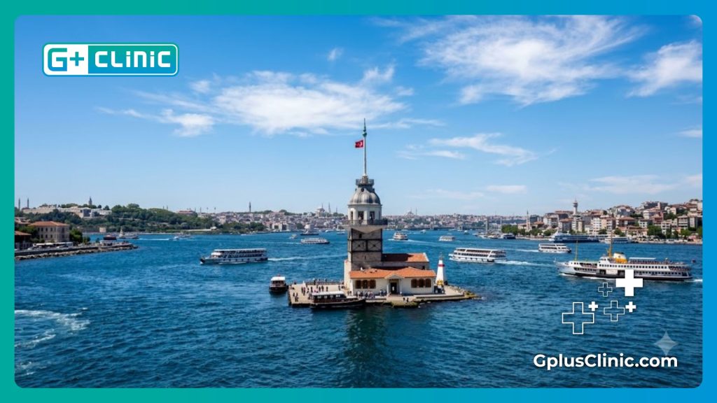 Friendly doctor and patient with the Istanbul Bosphorus landmark