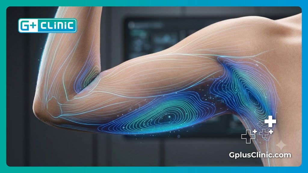 Digital mesh visualization focusing specifically on the anatomy of the arms.