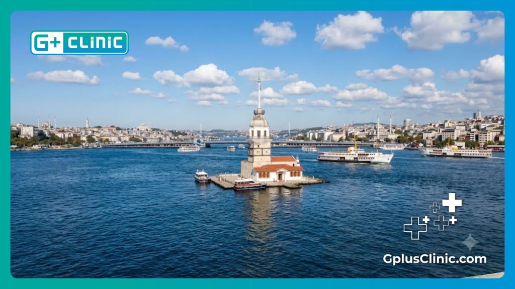 Friendly doctor welcoming the patient to Istanbul at the Bosphorus Strait.