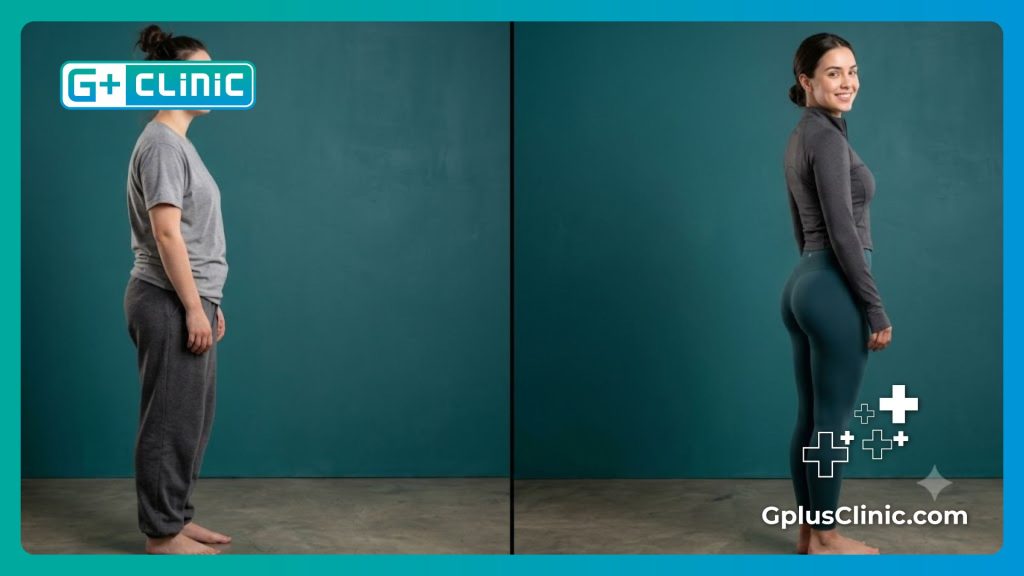 Digital split-screen comparison highlighting the anatomical changes in the buttocks area