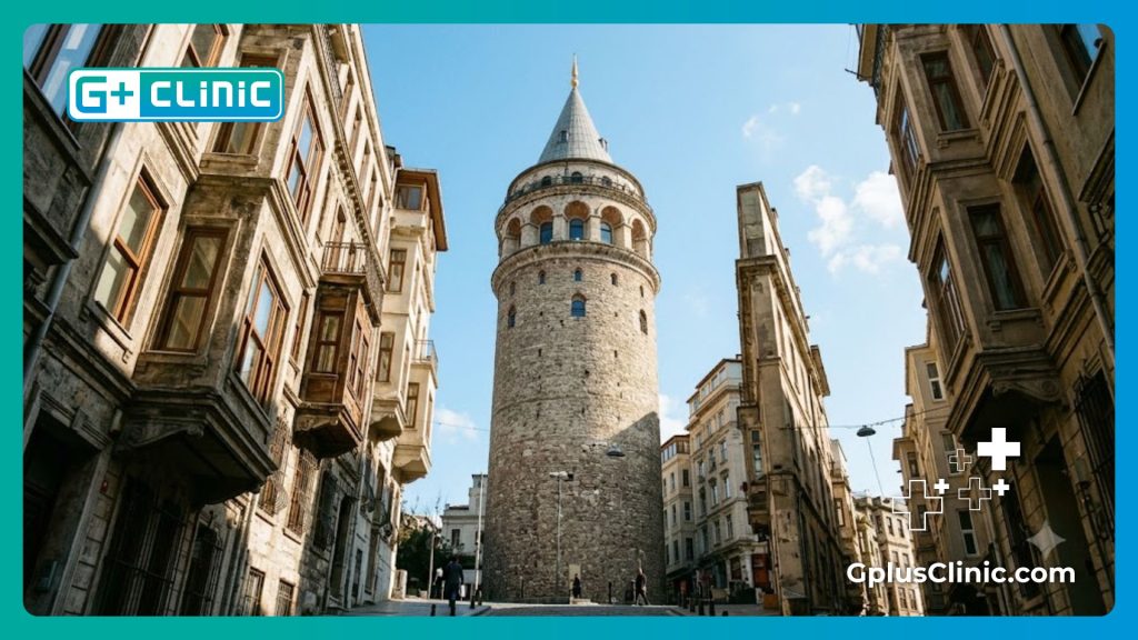 Professional medical expert inviting patients to Istanbul near the Galata Tower