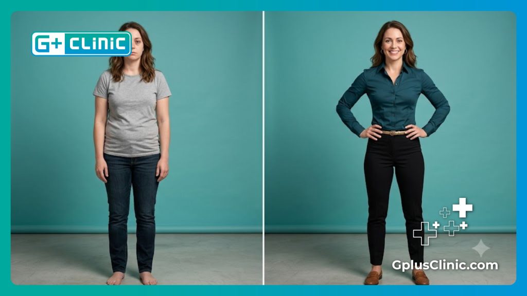 Split-screen showing the physical transformation of a woman before and after body sculpting.