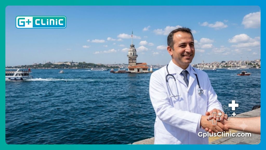 Médecin accueillant chaleureusement un patient devant le Bosphore à Istanbul